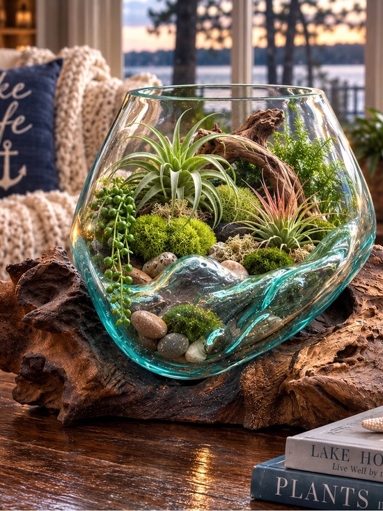 Source Unknown Other - Vtg Organic Modern Burl Wood & Hand Blown Glass Terrarium Bowl MCM Studio Decor